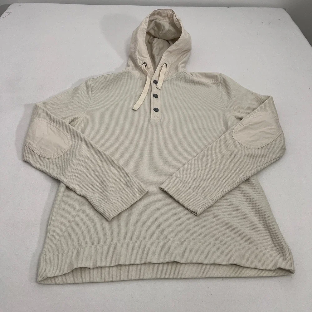 Banana Republic Hoodie Mens Small Beige Waffle Knit Henley Hooded Thermal Top
